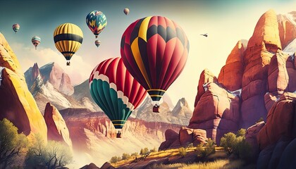 Obraz premium Colorful hot air balloons fly in blue sky over amazing valley with mountan hils. Generative AI illustration.