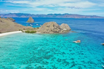 Paradise panoramic bird's eye view of Komodo National Park on Flores with turquoise sea, Pink Beach...