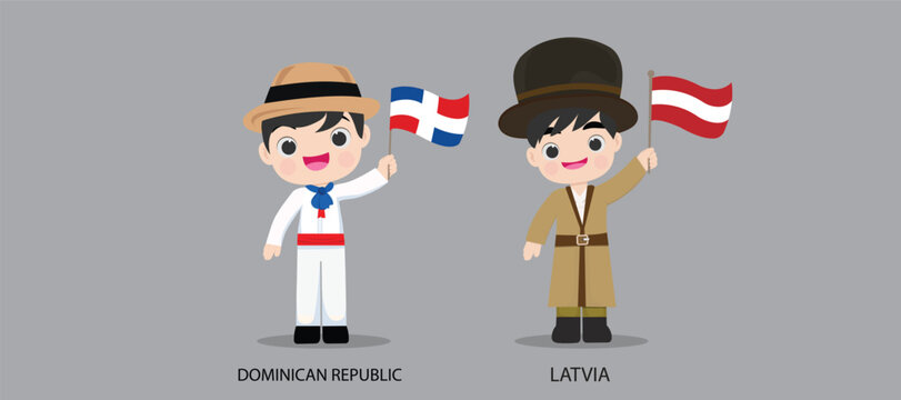 People in national dress.Dominican Republic,Latvia,Set of pairs dressed in traditional costume. National clothes. Vector illustration.