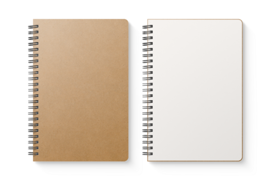 Spiral bound notebook mockup template with Kraft Paper cover isolated on a transparent background, PNG. High resolution.