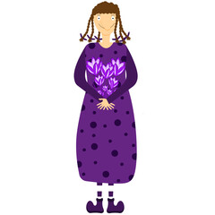 Groovy woman with snowdrops bouquet in the hands on white background.