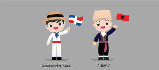 Obraz na płótnie Canvas People in national dress.Dominican Republic,Albania,Set of pairs dressed in traditional costume. National clothes. Vector illustration.