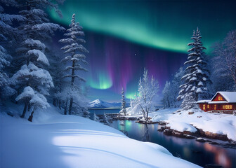 a body of water surrounded by snow covered trees, dramatic aurora borealis, pink and blue colour, skies, at the mountains of madness, dancing lights, sunshine lighting high mountains