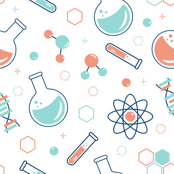 Seamless pattern on the topic of chemistry with flasks, test tubes, molecules