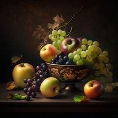 AI generated still life illustration, bowl with apples and grapes on dark background