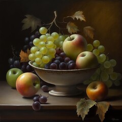 AI generated still life illustration, bowl with apples and grapes on dark background