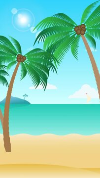 Beautiful beach landscape vertical animation with palm trees - sea side view. Seamless loopable background.