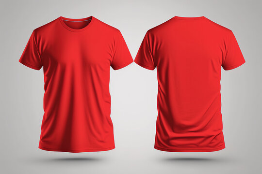 Photo realistic male red t-shirts with copy space, front and back view. Created with Generative AI Technology