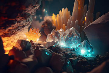 Glowing crystals gather in a dark cave. Generative Ai.