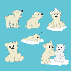 Cartoon expressive polar bear cubs, arctic animals,  vector polar bear illustrations on a blue background,  Vector illustration