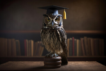 Owl with graduation cap sitting on books
