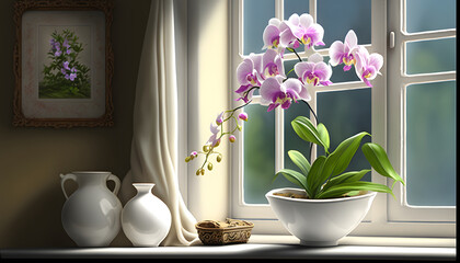 Fototapeta na wymiar A stunning orchid plant placed on a windowsill inside a bright and beautiful home, with natural light illuminating the leaves and petals Generative AI