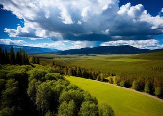 Obraz premium a green field with mountains in the background, prismatic cumulus clouds, boreal forest, widescreen, rocky mountains, without green grass, lush farm lands, test, full width, blue wall