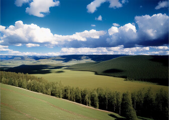 a green field with mountains in the background, prismatic cumulus clouds, boreal forest, widescreen, rocky mountains, without green grass, lush farm lands, test, full width, blue wall