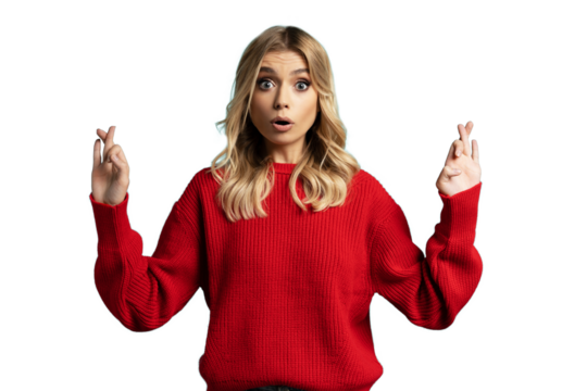 Pretty young blonde woman in red sweater posing isolated on transparent background. Mock up copy space. Waiting for special moment, keeping fingers crossed, making wish