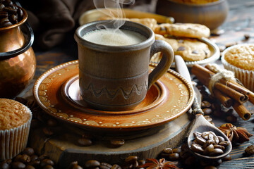 Espresso coffee with coffee beans on old background.