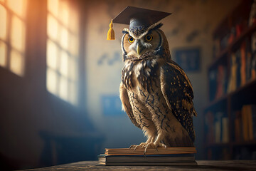 Owl with graduation cap sitting on books. Generative Ai.