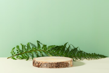 Wood slice podium on green background for cosmetic product mockup