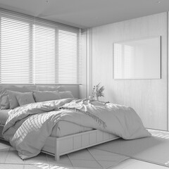 Total white project draft, minimal bedroom with wooden walls and frame mockup. Double bed with pillows, carpets and decors. Modern japandi interior design