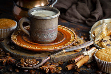 Espresso coffee with coffee beans on old background.