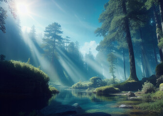 Obraz premium a stream running through a lush green forest, lightbeams shining through, water fog, grey forest in the background, candy forest, blue shadows, forbidden beauty, forests