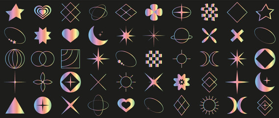 Vector icons on a black background. Collection of abstract geometric symbols in rainbow gradient. y2k style. Elements for designing notes, posters, stickers, logos, business cards.