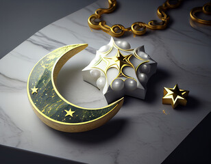 The crescent moon in marble cristal with prayer beads pearl, ramadan decorative generative ai