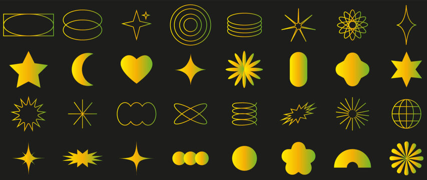 Vector icons on a black background. Collection of abstract geometric symbols in yellow green gradient. y2k style. Elements for the design of notes, posters, stickers, logos, business cards.