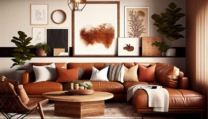 Interior design of a sophisticated and cozy living room with a brown leather sofa, rustic wood coffee table and poster frames | Modern and luxurious living room | Generative Ai | Interior décor