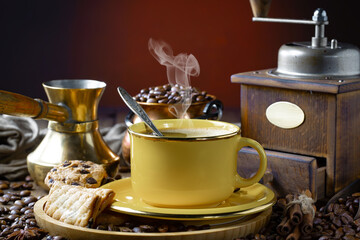 Fototapeta premium Espresso coffee with coffee beans on old background.