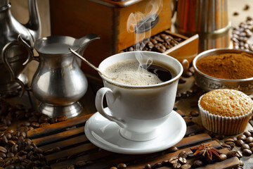 Espresso coffee with coffee beans on old background.