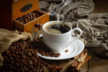 Espresso coffee with coffee beans on old background.