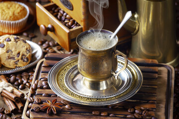 Espresso coffee with coffee beans on old background.