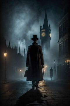 jack the ripper at foggy night in street of london. generative ai