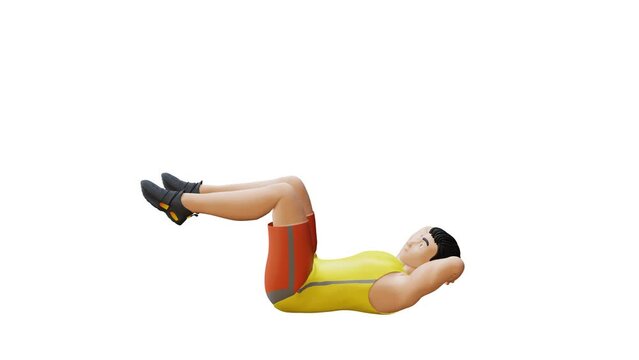 Animated character doing Air Bike Crunches. Bicycle Crunches exercise in 3d animation and illustration. Perfect for fitness themed productions, health products, diet plans, weight loss. 3d Render