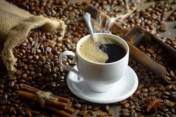 Espresso coffee with coffee beans on old background.