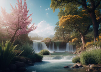 a waterfall in the middle of a lush green forest, panoramic anamorphic, enchanted dreams