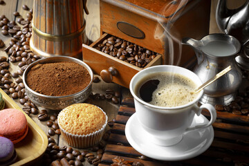 Espresso coffee with coffee beans on old background.