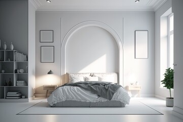Clean White bedroom with natural light comfortable for sleep. Generative AI