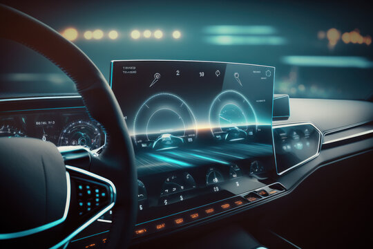 interior of futuristic autonomous car and dashboard display with many screens. generative ai