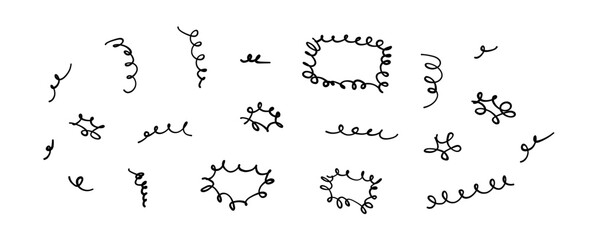 Doodle Noodles Scribble Marker Set. Pencil or pen handdrawn child, kid sketch black cute cartoon wavy lines. Curly curls icons. (Full Vector)