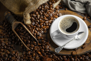 Espresso coffee with coffee beans on old background.