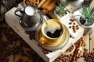 Espresso coffee with coffee beans on old background.