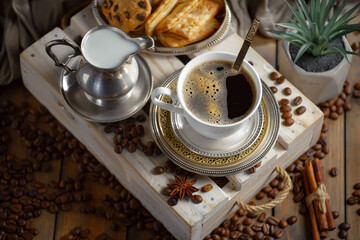 Espresso coffee with coffee beans on old background.