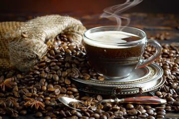 Espresso coffee with coffee beans on old background.