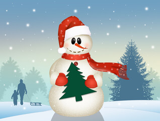 illustration of snowman with cap in winter landscape