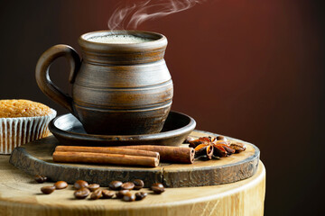 Espresso coffee with coffee beans on old background.