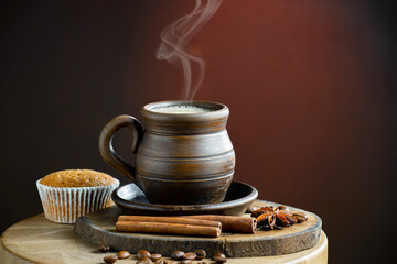 Espresso coffee with coffee beans on old background.