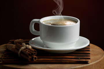 Espresso coffee with coffee beans on old background.