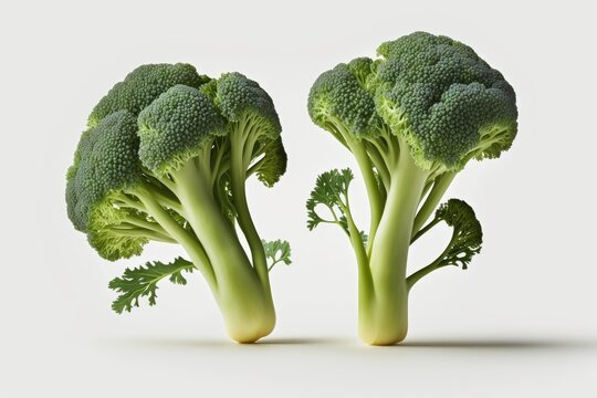 Two Individual Stems Of Steamed Broccoli On A White Background. Generative AI